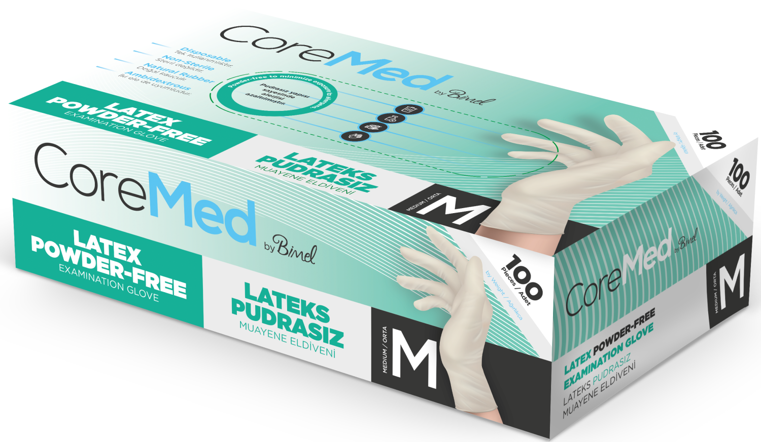CoreMed Lateks Muayene Eldiveni Pudrasız (M)  100 Adet