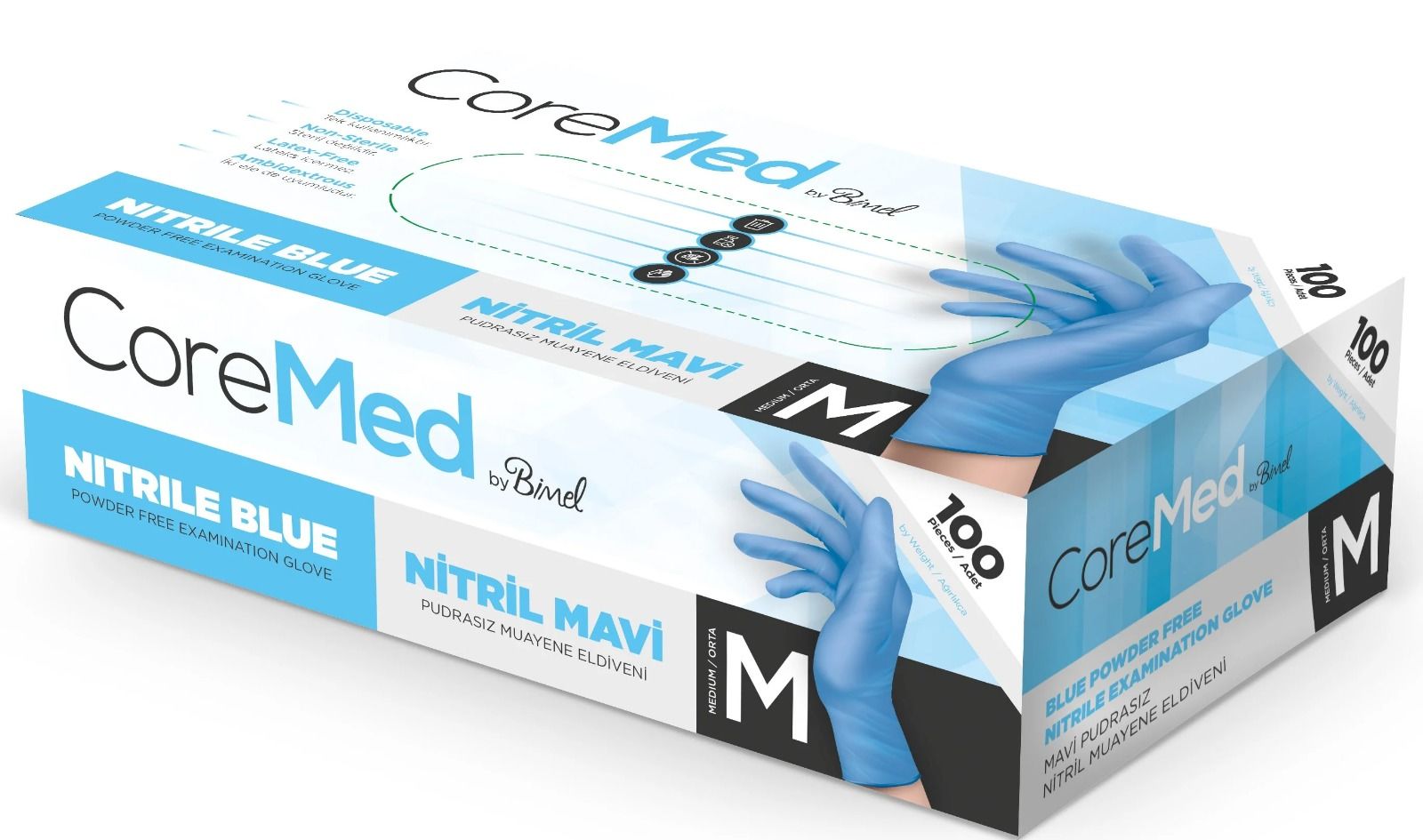 CoreMed Pudrasız Mavi Nitril Muayene Eldiveni ( M ) 100 Adet